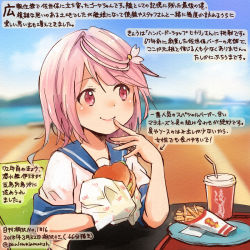 Rule 34 | 1girl, ahoge, blue sailor collar, colored pencil (medium), commentary request, dated, food, burger, holding, holding food, i-58 (kancolle), kantai collection, kirisawa juuzou, numbered, pink eyes, pink hair, sailor collar, sailor shirt, shirt, short hair, short sleeves, sitting, smile, solo, traditional media, translation request, twitter username
