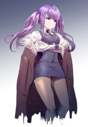 Rule 34 | 1girl, absurdres, bad id, bad pixiv id, beonda, brown pantyhose, coat, crossed arms, gradient background, grey background, highres, jill stingray, long hair, necktie, pantyhose, pencil skirt, purple eyes, purple hair, skirt, solo, standing, twintails, va-11 hall-a