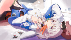 Rule 34 | 1girl, ahchuh, bed, bed sheet, breasts, camera, carrot, choker, gloves, highres, honkai: star rail, honkai (series), indoors, jacket, lying, march 7th (honkai: star rail), medium breasts, multicolored eyes, on back, on bed, photo (object), pillow, pink hair, shirt, thighs, tied jacket, white shirt