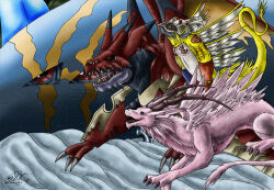 Rule 34 | digimon, digimon (creature), four great dragons, goddramon, holydramon, horns, megidramon, qinglongmon, red eyes, sharp teeth, teeth, wings