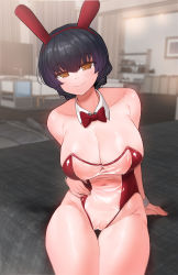 Rule 34 | 1girl, animal ears, areola slip, bare shoulders, bed, black hair, blush, bow, bowtie, breasts, brown eyes, cameltoe, cleavage, detached collar, fake animal ears, girls&#039; frontline, groin, highres, large breasts, leotard, long hair, looking at viewer, machlian (girls&#039; frontline), meme attire, moonjunk, navel, playboy bunny, rabbit ears, see-through, see-through leotard, sitting, solo, translucent bunnysuit, wrist cuffs