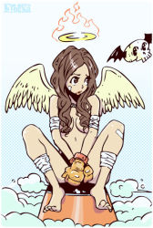 Rule 34 | 1girl, angel, angel wings, bandages, bandaid, boxing gloves, brown eyes, brown hair, censored, convenient censoring, covering privates, covering crotch, feet, hair censor, hair over breasts, halo, k2r, kita koutarou, long hair, nude, nude cover, original, skull, solo, wings, wngs