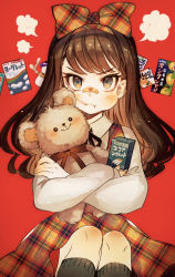 Rule 34 | 1girl, bandaid, bandaid on face, bandaid on nose, blue eyes, bow, brown hair, candy, chocolate cigarette, cigarette candy, crossed arms, dress, food, hair bow, holding, holding candy, holding food, holding stuffed toy, kneehighs, long hair, original, orion cocoa cigarettes, pinafore dress, plaid, plaid dress, pout, puffy cheeks, red background, remon (10112), sleeveless dress, socks, solo, stuffed animal, stuffed toy, teddy bear