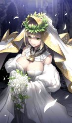 Rule 34 | 1girl, blonde hair, bouquet, breasts, chain, cleavage, closed mouth, cowboy shot, craft essence (fate), detached collar, detached sleeves, fate/grand order, fate (series), flower, green eyes, holding, holding bouquet, kunieda, large breasts, lock, looking away, nero claudius (bride) (fate), nero claudius (bride) (third ascension) (fate), nero claudius (fate), nero claudius (fate) (all), official art, padlock, padlocked collar, petals, puffy sleeves, rose, short hair, smile, solo, veil, white flower, white rose, white sleeves, zipper