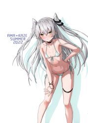 Rule 34 | 1girl, absurdres, amatsukaze (kancolle), bare shoulders, bikini, blush, bracelet, breasts, brown eyes, closed mouth, collarbone, front-tie bikini top, front-tie top, grey hair, hair ornament, hand on own hip, highres, jewelry, kantai collection, leaning forward, long hair, looking at viewer, navel, scan, side-tie bikini bottom, simple background, small breasts, solo, stomach, swimsuit, takanashi kei (hitsujikan), thigh strap, white background