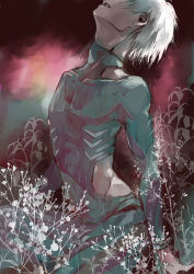 Rule 34 | 1boy, black background, black bodysuit, bodysuit, clothing cutout, commentary request, covered collarbone, facing up, flower, gradient background, head out of frame, kaneki ken, koujima shikasa, long sleeves, male focus, profile, red background, short hair, solo, tokyo ghoul, white flower, white hair
