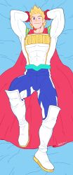 Rule 34 | 1boy, absurdres, arms behind head, bara, blonde hair, blue eyes, blush, boku no hero academia, boots, bulge, cape, covered abs, dakimakura (medium), feraltintinsimp, full body, highres, knee boots, male focus, muscular, one eye closed, pectorals, red cape, short hair, solo, thick thighs, thighs, togata mirio