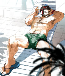 Rule 34 | 1boy, abs, arm behind head, arm hair, armpit hair, armpits, bara, beard, body hair, brown hair, bulge, chest hair, facial hair, foot out of frame, graves (league of legends), green male swimwear, hair slicked back, hairy, hands up, headphones, karipaku, large pectorals, league of legends, leg hair, lying, male focus, male swimwear, mature male, muscular, muscular male, mustache, navel, navel hair, nipples, official alternate costume, on back, pectorals, poolside, removing eyewear, sandals, short hair, solo, sparkling sweat, spread legs, stomach, sunglasses, sunlight, swim trunks, thick eyebrows, thick thighs, thighs, topless male, wet