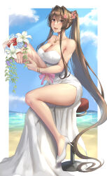 Rule 34 | 1girl, blue flower, bouquet, breasts, brown eyes, brown hair, cleavage, dress, flower, hair between eyes, hair flower, hair ornament, high heels, highres, holding, holding bouquet, jewelry, kantai collection, kokuzou, large breasts, long hair, necklace, open mouth, pink flower, ponytail, red flower, sitting, smile, solo, white dress, white flower, white footwear, yamato (kancolle)
