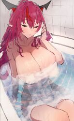 Rule 34 | 1girl, :o, bathing, bathroom, bathtub, breasts, cellphone, cleavage, closed eyes, collarbone, convenient censoring, demon horns, getto, heterochromia, highres, holding, holding phone, hololive, hololive english, horns, huge breasts, irys (hololive), irys (irys 2.0) (hololive), long hair, multicolored hair, naked towel, phone, pointy ears, purple hair, red hair, smartphone, solo, steam, steam censor, thighs, towel, two-tone hair, very long hair, virtual youtuber