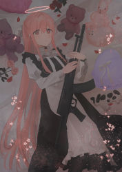 Rule 34 | 1girl, aek-971, apron, assault rifle, bed sheet, black dress, blush, bow, brown eyes, buttons, chihuri, choker, collared shirt, cross, dress, ear piercing, eyes visible through hair, feet out of frame, flower, glowing, glowing eyes, gun, hair between eyes, halo, heart, highres, holding, holding weapon, juliet sleeves, light blush, light particles, long hair, long sleeves, looking at viewer, lying, on back, original, parted lips, petals, piercing, pink hair, puffy sleeves, red pupils, ribbon, rifle, rose, shirt, sidelocks, sleeveless, sleeveless dress, solo, sparkle, star (symbol), stuffed animal, stuffed cow, stuffed rabbit, stuffed toy, teddy bear, very long hair, weapon, white bow, white ribbon, white shirt, wide ponytail, yana (chihuri)