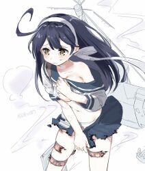 Rule 34 | 1girl, ahoge, black hair, blue sailor collar, blue skirt, breasts, covering privates, covering breasts, covering crotch, embarrassed, kantai collection, large breasts, long hair, long sleeves, navel, panties, pedopetton, rigging, sailor collar, school uniform, serafuku, skirt, tears, torn clothes, torn skirt, underwear, ushio (kancolle), white hair, white panties, yellow eyes