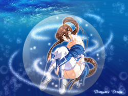Rule 34 | 1girl, blush, brown hair, dead or alive, kasumi (doa), long hair, pelvic curtain, ponytail, solo, tecmo, thighhighs, underwater, wallpaper, water