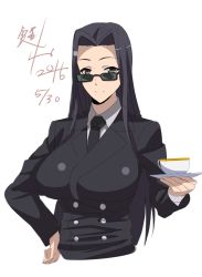 Rule 34 | 10s, 1girl, 2016, bad id, bad pixiv id, black hair, breasts, brown eyes, coffee cup, cup, dated, disposable cup, formal, glasses, hand on own hip, highres, kagiyama (clave), large breasts, long hair, looking over eyewear, looking over glasses, monster musume no iru nichijou, ms. smith, necktie, signature, simple background, smile, solo, suit, sunglasses, tinted eyewear, white background