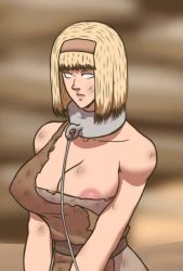 Rule 34 | 1girl, areola slip, artist request, bdsm, blonde hair, bondage, bound, breasts, breasts out, chain, collar, collarbone, cum, dirty, facial, female focus, highres, humiliation, large breasts, leash, mature female, nipples, no bra, no pupils, shingeki no kyojin, slave, solo, uncensored, upper body, ymir fritz