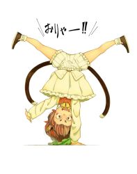 Rule 34 | 1girl, animal ears, bloomers, bow, brown eyes, brown hair, cat ears, cat tail, chen, daitai konna kanji, earrings, full body, handstand, hat, unworn hat, unworn headwear, jewelry, jpeg artifacts, long sleeves, looking at viewer, mob cap, multiple tails, one arm handstand, open mouth, shirt, shoes, simple background, single earring, skirt, skirt set, smile, socks, solo, tail, text focus, touhou, underwear, upside-down, vest, white background, white socks