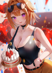 Rule 34 | 1girl, absurdres, balloon, bare arms, bare shoulders, belt, black belt, black choker, blush, breasts, cake, choker, cleavage, collarbone, commission, confetti, eyewear on head, food, fruit, girls&#039; frontline, grizzly mkv (girls&#039; frontline), heart balloon, highres, large breasts, looking at viewer, medium hair, orange hair, parted lips, pixiv commission, purple eyes, rororo, smile, solo, strawberry, sunglasses