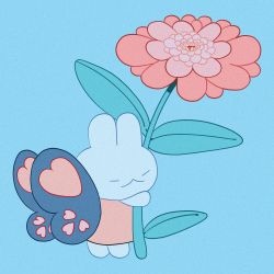 Rule 34 | absurdres, blue background, butterfly wings, flower, heart, highres, insect wings, leaf, meyoco, no humans, original, pink flower, plant, rabbit, simple background, wings