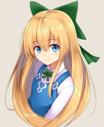 Rule 34 | 1girl, blonde hair, blue eyes, blue vest, bow, bowtie, closed mouth, collared shirt, cropped torso, from above, green bow, green bowtie, grey background, hair between eyes, hair bow, highres, long hair, long sleeves, looking at viewer, mahcdai, original, shirt, sidelocks, simple background, smile, solo, upper body, vest, white shirt, wing collar