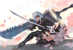 Rule 34 | 1girl, ass, black dress, black hairband, blindfold, boots, breasts, commentary, covered eyes, dress, dual wielding, feather-trimmed sleeves, fighting stance, floating sword, hairband, high heel boots, high heels, holding, huge weapon, jet kimchrea, katana, long sleeves, medium breasts, nier (series), nier:automata, on one knee, panties, pantyshot, petals, silver hair, solo, sword, thigh boots, thighhighs, thighhighs under boots, trefoil, underwear, weapon, white panties, 2b (nier:automata)