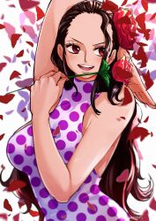 Rule 34 | 1girl, aosora2823, artist name, bare shoulders, black hair, breasts, dress, floral print, flower, forehead, hand up, highres, holding, holding flower, large breasts, long bangs, long hair, looking to the side, no bra, one piece, polka dot, polka dot dress, red eyes, red flower, red rose, rose, rose print, sideboob, sleeveless, sleeveless dress, smile, solo, twitter username, upper body, viola (one piece), wavy hair