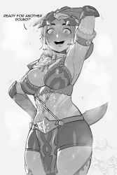 Rule 34 | 1girl, abs, arm tattoo, arm up, armpits, braid, braided ponytail, breasts, breath, cleavage, english text, greyscale, highres, jewelry, kayna (monster hunter), krekkov, long braid, mask, mask on head, monochrome, monster hunter (series), monster hunter stories 2, muscular, muscular female, neck ring, necklace, shell, shell necklace, short shorts, shorts, simple background, smile, solo, stomach tattoo, sweat, tattoo, tooth necklace, tribal, tribal tattoo