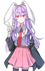 Rule 34 | 1girl, animal ears, black jacket, hair ornament, hairclip, jacket, long hair, looking at viewer, necktie, open clothes, open jacket, pink skirt, purple hair, rabbit ears, rabbit girl, red eyes, red necktie, reisen udongein inaba, shirt, simple background, skirt, solo, thighhighs, touhou, v, white background, white shirt, yuki6220821