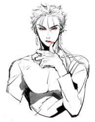 Rule 34 | 1boy, blood, blood on face, commentary request, cropped arms, cu chulainn (fate), earrings, fate/stay night, fate (series), greyscale, hand up, jewelry, cu chulainn (fate/stay night), long sleeves, looking at viewer, male focus, monochrome, parted lips, ponytail, red eyes, solo, spot color, tenobe, wiping face