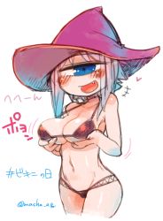 Rule 34 | 1girl, :d, bikini, blue eyes, blush, breast hold, breasts, cowboy shot, cropped legs, cyclops, fang, hat, large breasts, looking at viewer, masha, motion lines, one-eyed, open mouth, original, purple hair, simple background, sketch, smile, solo, swimsuit, translation request, white background, wizard hat
