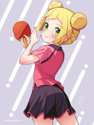Rule 34 | 1girl, blonde hair, blush, braid, closed mouth, commentary request, creatures (company), double bun, eyelashes, game freak, green eyes, grey background, hair bun, hands up, highres, holding, holding paddle, kinocopro, lillie (pokemon), looking back, nintendo, paddle, pink shirt, pokemon, pokemon (anime), pokemon sm066, pokemon sm (anime), shirt, short sleeves, skirt, smile, solo, table tennis paddle, twitter username, watermark