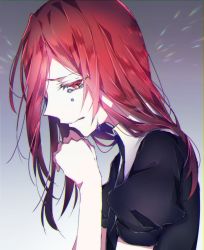 Rule 34 | 1other, androgynous, artist request, bad id, bad twitter id, colored eyelashes, crying, crying with eyes open, gem uniform (houseki no kuni), highres, houseki no kuni, long hair, looking at viewer, mercury (element), necktie, red eyes, red hair, sad, cinnabar (houseki no kuni), solo, tears, upper body