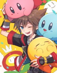 Rule 34 | 1boy, blue eyes, blush, brown hair, closed eyes, fingerless gloves, flower, gloves, highres, hug, jewelry, kingdom hearts, kingdom hearts iii, kirby, kirby (series), looking at viewer, m1stm1, male focus, mario (series), necklace, nintendo, one eye closed, open mouth, short hair, simple background, smile, sora (kingdom hearts), spiked hair, super smash bros.