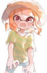 Rule 34 | 1girl, dot nose, fangs, green shirt, hat, highres, inkling, inkling girl, inkling player character, medium hair, nintendo, open mouth, orange hair, pointy ears, red eyes, shirt, simple background, skin fangs, solo, splatoon (series), standing, striped clothes, striped shirt, tentacle hair, thick eyebrows, two-tone shirt, white background, yellow shirt, yksb inc6