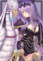 Rule 34 | amu (takuya0331), animal, arm guards, armor, bad id, bad pixiv id, beak, bird, black panties, boots, bound, breasts, camilla (fire emblem), capelet, cleavage, cleavage cutout, clothing cutout, fire emblem, fire emblem fates, large breasts, lips, long hair, looking at viewer, nintendo, panties, pauldrons, purple background, purple eyes, purple hair, shiny skin, shoulder armor, solo, thigh boots, thighhighs, thighs, tiara, underwear, vambraces, very long hair, wavy hair