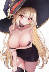 Rule 34 | 1girl, areola slip, bare arms, bare shoulders, black choker, black dress, black hat, black thighhighs, blonde hair, breast hold, breasts, chirang, choker, cleavage, closed mouth, collarbone, commission, cowboy shot, dress, hand on own thigh, hat, large breasts, long hair, looking at viewer, no bra, original, pointy ears, red eyes, second-party source, short dress, smile, solo, standing, strapless, strapless dress, thighhighs, thighs, very long hair, witch hat, zettai ryouiki