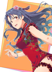 Rule 34 | 1girl, bare shoulders, black hair, blush, bracelet, breasts, china dress, chinese clothes, cowboy shot, dress, floral print, frilled dress, frills, from side, grid background, hair ornament, hand up, highres, idolmaster, idolmaster million live!, idolmaster million live! theater days, jewelry, long hair, looking at another, medium breasts, multicolored background, no eyewear, open mouth, print dress, red dress, red eyes, sanada (tony2035176), smile, solo, takayama sayoko, teeth, thigh strap, upper teeth only