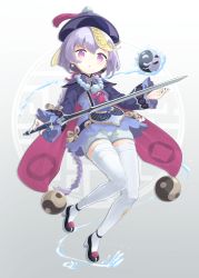 Rule 34 | 1girl, absurdres, bead necklace, beads, braid, dress, eyelashes, full body, genshin impact, hair ornament, hat, highres, holding, holding sword, holding weapon, jewelry, jiangshi, light blush, long hair, looking at viewer, nano (mianhua maoqiu), necklace, ofuda, parted lips, purple eyes, purple hair, qingdai guanmao, qiqi (genshin impact), short shorts, shorts, shrug (clothing), silver hair, single braid, sleeveless, sleeveless dress, solo, surprised, sword, thighhighs, weapon, white thighhighs