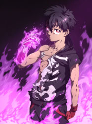Rule 34 | 1boy, absurdres, black hair, bone, commentary request, fire, glimo, highres, kemono jihen, kusaka kabane, looking at viewer, looking up, male focus, muscular, muscular child, red eyes, skeletal arm, skeletal hand, skeleton, solo, torn, torn clothes, undead