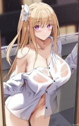 Rule 34 | 1girl, bare shoulders, blonde hair, blurry, blurry background, breasts, closed mouth, collarbone, date a live, highres, keenh, large breasts, long hair, looking at viewer, mayuri (date a live), naked shirt, navel, off-shoulder shirt, off shoulder, pink eyes, see-through, see-through shirt, shirt, solo, standing, thighs