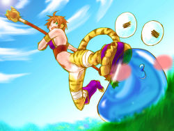 Rule 34 | 1girl, animal ears, armpits, breasts, breath of fire, breath of fire ii, cat ears, cat tail, cloud, fang, female focus, full body, monster girl, navel, one eye closed, outdoors, plant, pussy, red hair, rinpoo chuan, sky, slime, smile, solo, spread legs, staff, tail, uncensored, wink