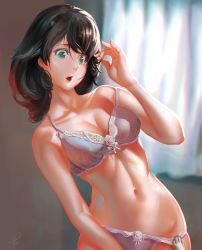 Rule 34 | 1girl, :o, bare shoulders, black hair, bra, breasts, cleavage, collarbone, curtains, green eyes, highres, lace, lace-trimmed bra, lace-trimmed panties, lace trim, lingerie, lips, navel, original, out of frame, panties, rapa rachi, short hair, solo, stomach, surprised, symbol-shaped pupils, underwear, underwear only
