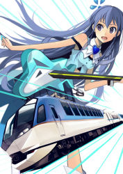 Rule 34 | 1girl, bare shoulders, blue hair, blush, breasts, electric guitar, guitar, heart, instrument, long hair, mistrail, open mouth, original, plectrum, purple eyes, skirt, small breasts, smile, solo, train, very long hair