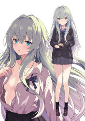 Rule 34 | 1girl, black cardigan, blue bow, blue bowtie, blue eyes, bow, bowtie, breasts, brown footwear, cardigan, commentary request, full body, grey hair, grey skirt, highres, loafers, long hair, long sleeves, looking at viewer, medium breasts, open clothes, open shirt, original, pleated skirt, rasahan, revision, shirt, shoes, simple background, skirt, socks, solo, standing, white background, white shirt