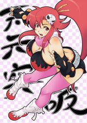Rule 34 | 00s, 1girl, amami amayu, bent over, bikini, boots, breasts, gloves, hair ornament, high ponytail, huge breasts, long hair, looking at viewer, pigeon-toed, pink thighhighs, ponytail, red eyes, red hair, scarf, short shorts, shorts, skull, skull hair ornament, solo, swimsuit, tengen toppa gurren lagann, thighhighs, translation request, very long hair, yoko littner