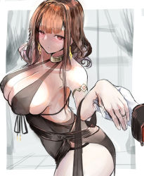 Rule 34 | 1girl, absurdres, bare shoulders, black dress, blush, bracer, breasts, brown hair, cleavage, closed mouth, collarbone, dress, dsr-50 (girls&#039; frontline), dsr-50 (highest bid) (girls&#039; frontline), earrings, girls&#039; frontline, gloves, highres, holding hands, jewelry, kyoyakyo, large breasts, long hair, looking at viewer, official alternate costume, red eyes, ring, simple background, standing, thighs, white gloves