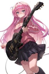 Rule 34 | 1girl, absurdres, black skirt, bocchi the rock!, closed mouth, cube hair ornament, electric guitar, gotoh hitori, guitar, hair between eyes, hair ornament, highres, holding, holding instrument, instrument, jacket, long hair, long sleeves, looking at viewer, pink hair, pink jacket, pleated skirt, poise, simple background, skirt, solo, thighs, track jacket, white background