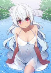 Rule 34 | 1girl, blush, breasts, cleavage, dress, full-face blush, head tilt, highres, long hair, looking at viewer, medium breasts, open mouth, original, pon (shind 997), red eyes, silver hair, solo, wading, water, wet, wet clothes, white dress