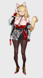 Rule 34 | 1girl, animal ears, blonde hair, breasts, brown pantyhose, cat ears, cat girl, cat tail, cleavage, dress, eyeliner, facing viewer, fishnet pantyhose, fishnets, gloves, grey background, grey jacket, hair ornament, hair over one eye, high heels, highres, holding, holding hair, honda, jacket, kare huang, large breasts, looking at viewer, off-shoulder dress, off shoulder, original, pantyhose, parted bangs, personification, red dress, red eyeliner, red eyes, red footwear, red gloves, smile, standing, tail