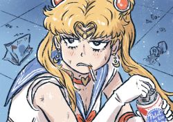 Rule 34 | 1girl, beer can, bishoujo senshi sailor moon, black eyes, blonde hair, blue sailor collar, breasts, can, choker, cigarette, cleavage, commentary, crescent, crescent earrings, derivative work, drink can, earrings, elbow gloves, english commentary, gloves, hair over shoulder, heart, heart choker, jewelry, long hair, meme, pabst blue ribbon, red choker, sailor collar, sailor moon, sailor moon redraw challenge (meme), sailor senshi uniform, screenshot redraw, solo, truffleduster, tsukino usagi, twintails, upper body, very long hair, white gloves