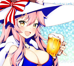 Rule 34 | 1girl, alcohol, animal ears, beer, beer mug, blush, bow, breasts, cleavage, cup, fate (series), fox ears, hat, hat bow, large breasts, long hair, looking at viewer, moi (latte art), mug, open mouth, pink hair, smile, solo, tamamo (fate), tamamo no mae (fate/extra), tamamo no mae (swimsuit lancer) (fate), tamamo no mae (swimsuit lancer) (third ascension) (fate), upper body, yellow eyes
